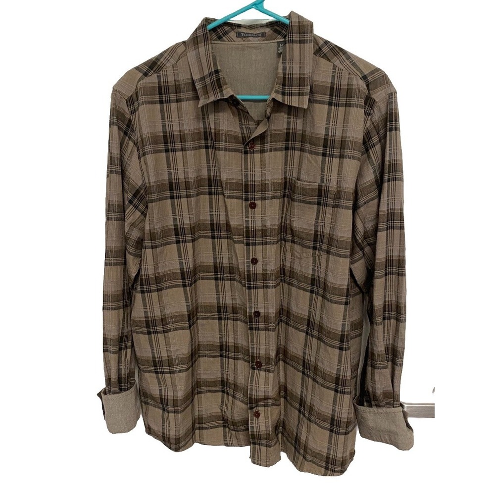 TOAD&CO Mens Button Up SZ M Open Air Long Sleeve Plaid Organic Cotton Beige